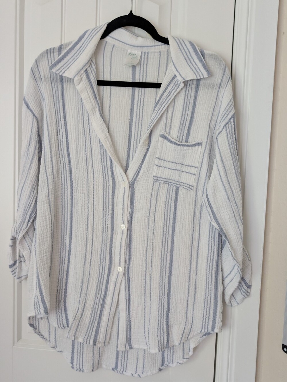 White & Blue Stripe Cotton Gauze Button Down S
